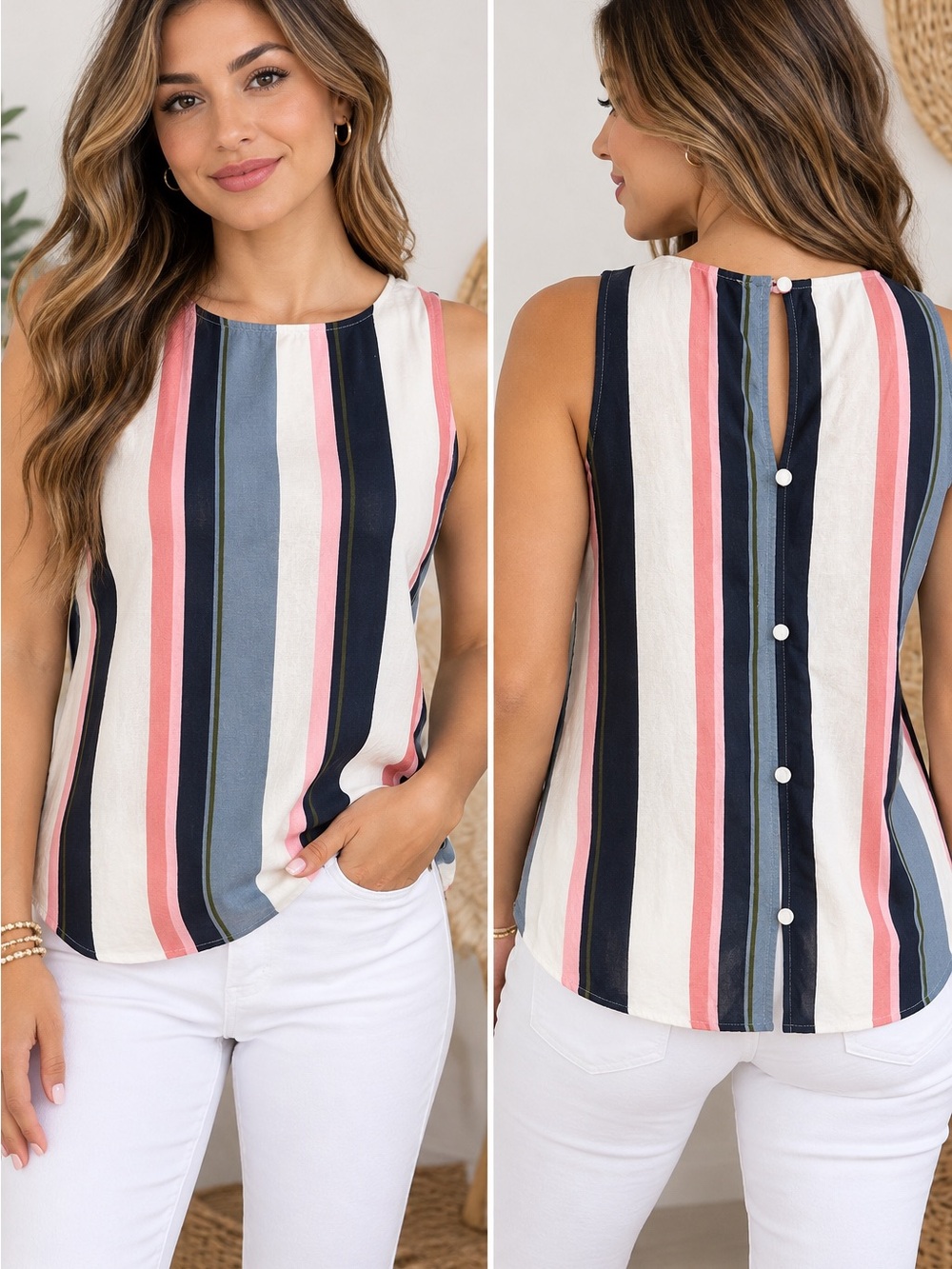 Ann Taylor Factory Linen Blend Striped Sleeveless Top Size M